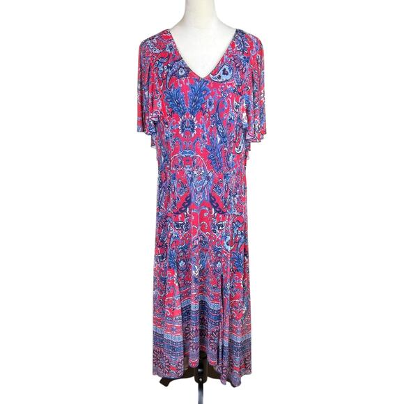 Reba Red White Blue Soft Mesh Floral Paisley Flutter Sleeve Maxi Midi Slip Dress - Picture 1 of 12